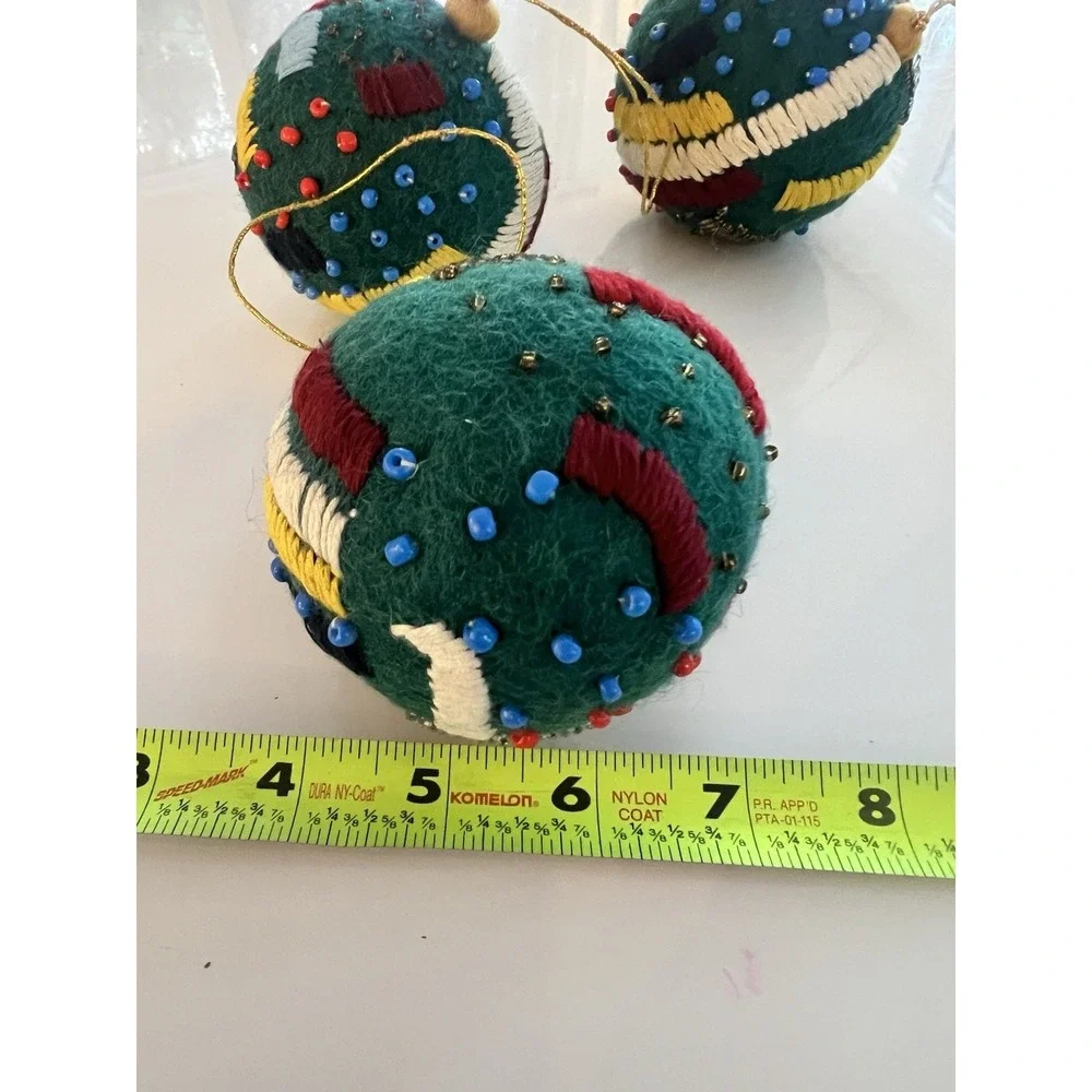 West Elm Teal Embroidered Beaded Felt ball ornament Christmas LOT OF 3